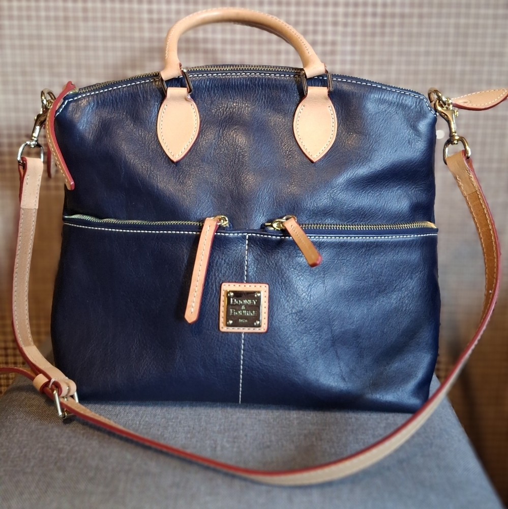Dooney & Bourke Deep Blue Satchel with Tan Accents, EUC